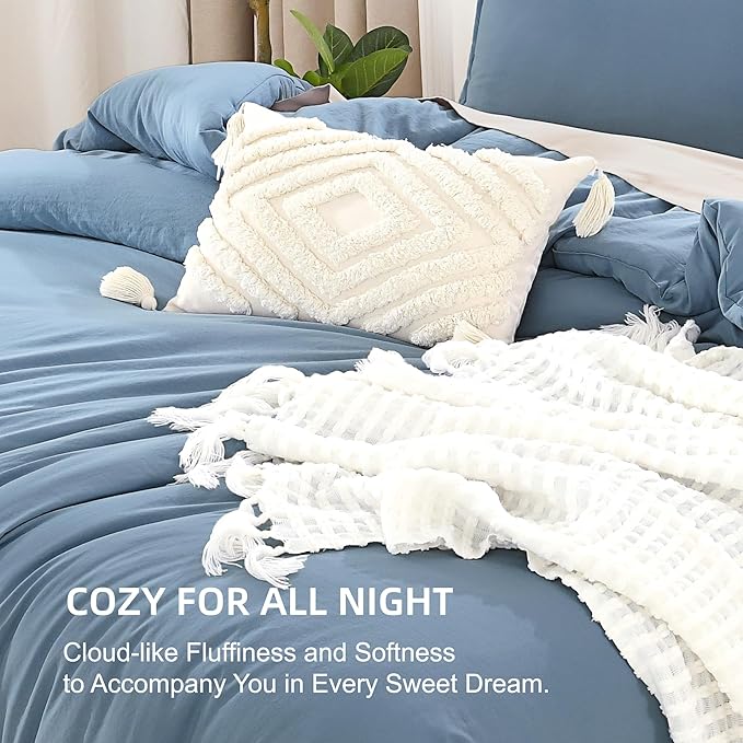 Litanika Comforters Queen Size Set Grayish Blue, 3 Pieces Lightweight Solid Bedding Comforter Set, All Season Fluffy Bed Set (90x90In Comforter & 2 Pillowcases)