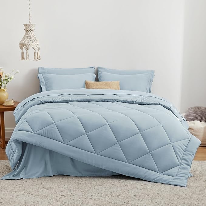 Love's cabin California King Comforter Set Light Blue, 7 Pieces California King Bed in a Bag, All Season Bedding Sets with 1 Comforter, 1 Flat Sheet, 1 Fitted Sheet, 2 Pillowcase and 2 Pillow Sham