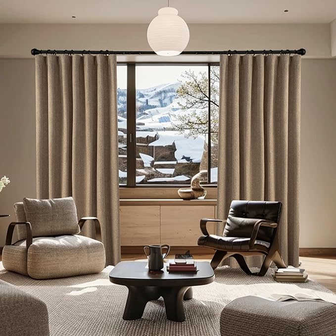 KangBang Extra Long Brown Blackout Curtains 120 Inches Long, Hook Belt Back Tab Pleated 2 Panels Energy Saving Morden Linen Drapes with Clip Rings for High Windows 52 Inch Wide by 120 Inch Length