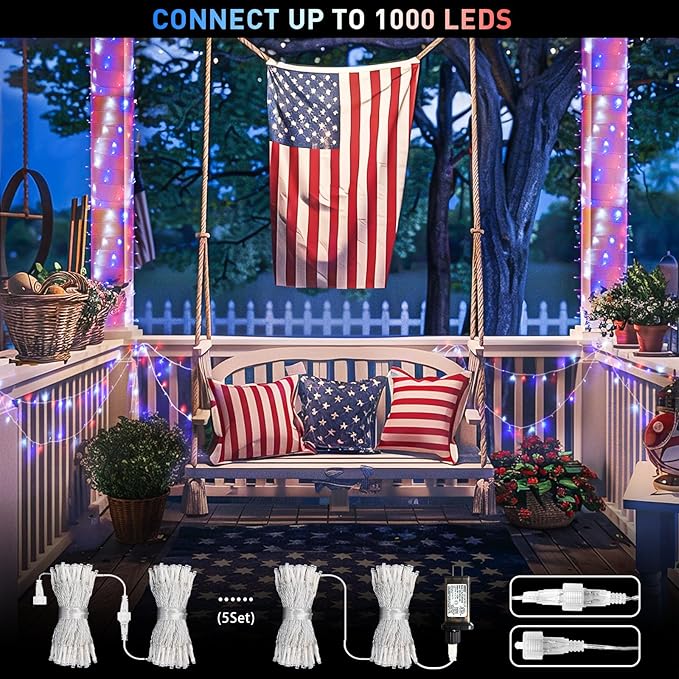 JMEXSUSS Red White and Blue Lights Clear Wire, 66 Ft 200 LED 4th of July Decorations String Lights Plug in, Christmas Light for Independence Day Celebration Party Memorial Day Patriotic Holidays Decor