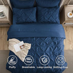Bedsure King Size Comforter Set - Bedding Sets King 7 Pieces, Pintuck Bed in a Bag Navy Blue Bed Set with Comforter, Sheets, Pillowcases & Shams