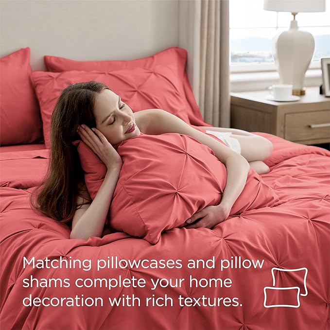 Bedsure Queen Comforter Set Coral Red - Bed in a Bag Queen Size Bedding 7 Pieces, GentleSoft™ Pintuck Bed Set Gift for Family, Pinch Pleat All Season Comforter with Sheets, Pillowcases & Shams