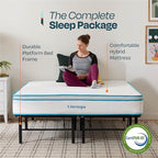 Linenspa 10” Memory Foam and Innerspring Hybrid Mattress + 14” Black Metal Platform Bedframe – Queen Mattress + Metal Folding Queen Bedframe
