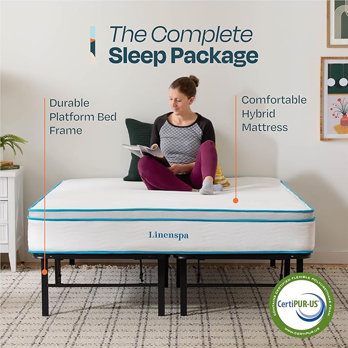 Linenspa 10” Memory Foam and Innerspring Hybrid Mattress + 14” Black Metal Platform Bedframe – Full Mattress + Metal Folding Full Bedframe