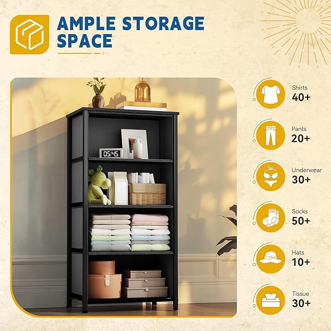 DWVO 4 Drawers Dresser, Dresser for Bedroom, Fabric Storage Tower, Chest of Drawers, Organizer Unit for Closets, Living Room, Sturdy Steel Frame, Wooden Top, Easy Pull Fabric Bins