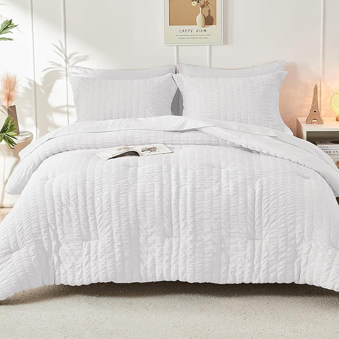 HYMOKEGE White Queen Comforter Set Seersucker 7 Pieces, All Season Luxury Bed in a Bag for Bedroom, Bedding Set with Comforters, Sheets, Pillowcases & Shams