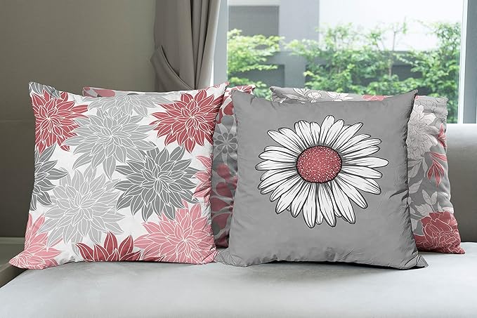 Ambesonne Floral Throw Pillow Cushion Case Pack of 4, Flower Petals Modern Color Palette Chamomile Peony Dahlia and Sunflower Print, Modern Accent Double-Sided Digital Printing, 18", Dark Coral Grey