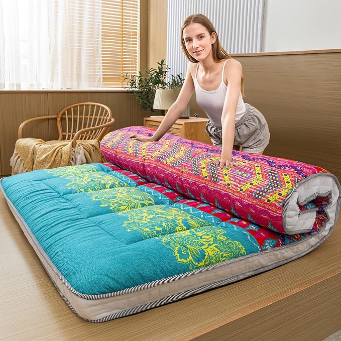 MAXYOYO Queen Futon Floor Mattress Shikibuton Sleeping Mats for Adults, Floor Futon with High-Density Foam, Portable Mattress for Living Room, Guest Room, Bohemian B