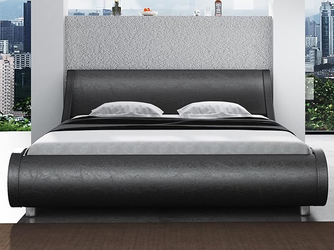 SHA CERLIN Modern Low Profile Platform Bed Frame Full Size, Stylish Faux Leather Upholstered Sleigh Bed with Adjustable Headboard, No Box Spring Needed, Glossy Black