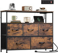 WLIVE Dresser for Bedroom, 5 Drawer Dressers with Charging Station, Fabric Chest of Drawers with Open Shelves, Storage Dresser for Living Room, Closet, Entryway, Rustic Brown Wood Grain Print