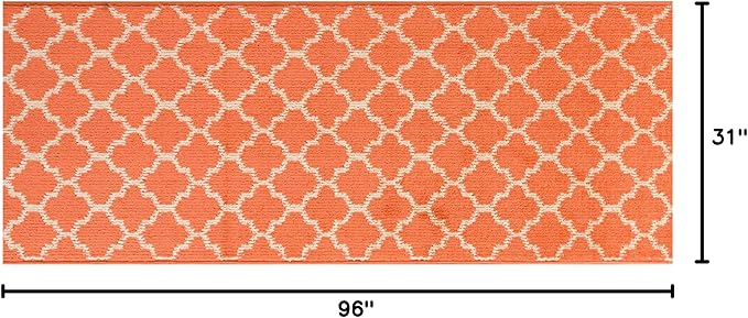 Custom Size Moroccan Trellis Runner Rug Mat for Wide Hallway Entryway Kitchen Laundry Room with Slip Resistant Latex Rubber Backing, Trellis Orange, 31 inch X 8 feet