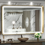 Hasipu 40×30 Inch LED Bathroom Mirror with Lights, Gold Metal Framed Bathroom Lighted Mirror for Vanity Shaving, Rectangle Wall Mounted Mirror, Anti-Fog, Dimmable, 3 Colors (Horizontal/Vertical)