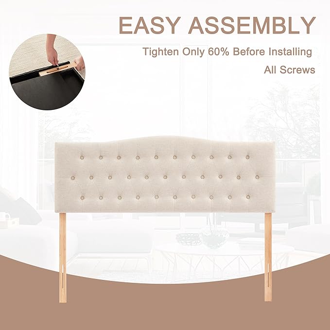 Tufted Upholstered Headboard Twin Size, Sturdy and Durable Solid Wood Twin XL headboard, Fabric Headboard Adjustable Height from 37” to 51”, Modern Button Diamond Design Head Board, Beige