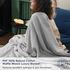 PHF 100% Cotton Waffle Weave Throw Blanket，Pre-Washed Snag Proof Lightweight Breathable Moisture-Wicking for Layering in Cold Weather for Couch Bed,Machine Washable,Home Decor Gift-Light Grey