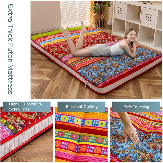 MAXYOYO Full Size Futon Floor Mattress Shikibuton Sleeping Mats for Adults, Floor Futon with High-Density Foam, Portable Mattress for Living Room, Guest Room, Bohemian C