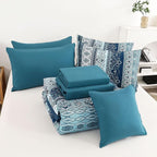 Boho Comforter Set King Size 8 Pieces, Teal Blue Comforter Bohemian Striped Bed in A Bag, Soft Microfiber Bedding Set for All Seasons