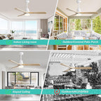 Sofucor Ceiling Fan with Lights, 52 Inch Modern Wood White Ceiling Fan with Remote for Indoor Farmhouse Bedroom Living Room Outdoor Patio Porch, Reversible DC Motor, 3 Blades, Noiseless