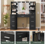 Quimoo Large Vanity Desk with LED Lighted Mirror & Power Outlet,Makeup Vanity Table with 7 Drawers,4 Shelves and 5 Hooks,Vanity Table, Vanity Desk Set for Bedroom,Bathroom，Black