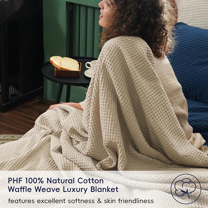 PHF 100% Cotton Waffle Weave Family Blanket,Oversized King Size 120"x 120"-Pre-Washed Snag Proof Lightweight Breathable Moisture-Wicking, 10'x 10' Huge Extra Large Big,Home Decor-Khaki/Simply Taupe