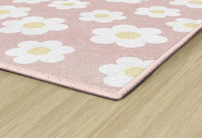 Flagship Carpets Schoolgirl Style Retro Daisies on Pink Educational Area Rug for Kids Room Seating Décor, Children's Classroom, Play Carpet for Teaching and Playroom, 7'6 "x 12'