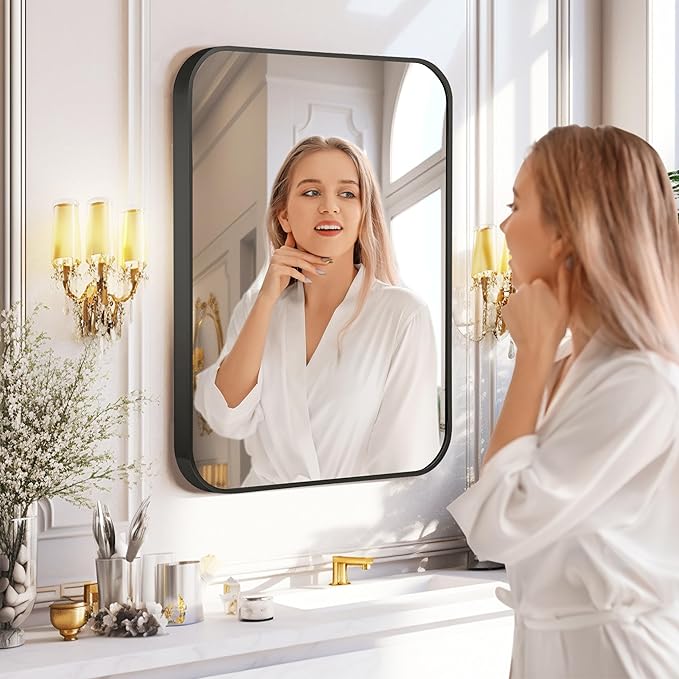 20"x30" Brushed Matte Black Mirror for Wall, Rounded Rectangle Mirror with Metal Frame Hanging for Bathroom Entryway Vanity,Living Room,Bedroom,Vertical or Horizontal