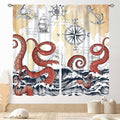 Nautical Octopus Curtains, Coastal Old Pirate Map Sailboat Compass Ocean Wave Kraken Octopus Tentacles Vintage Window Drapery Treatment for Bedroom Living Room Kitchen Bathroom 2 Panels, 42"x45" Inch