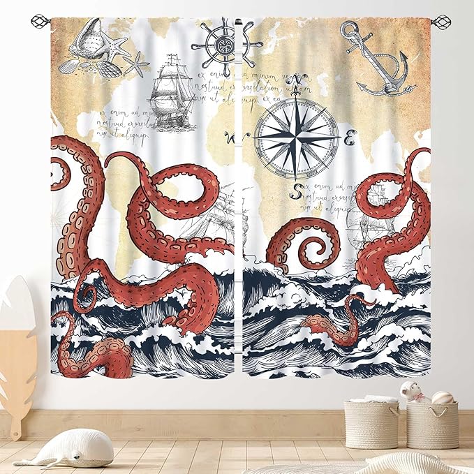 Nautical Octopus Curtains, Coastal Old Pirate Map Sailboat Compass Ocean Wave Kraken Octopus Tentacles Vintage Window Drapery Treatment for Bedroom Living Room Kitchen Bathroom 2 Panels, 63"x72" Inch