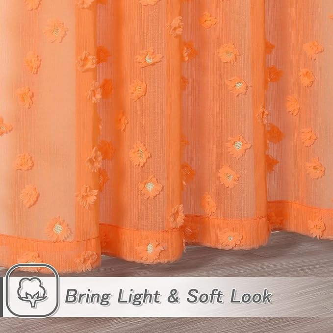 MYSKY HOME Pom Pom Orange Sheer Curtains for Bedroom Girls Room Curtains 84 Inches Long for Nursery Kids Light Filtering Boho Window Drapes, Rod Pocket, 52" Wide, 2 Panels