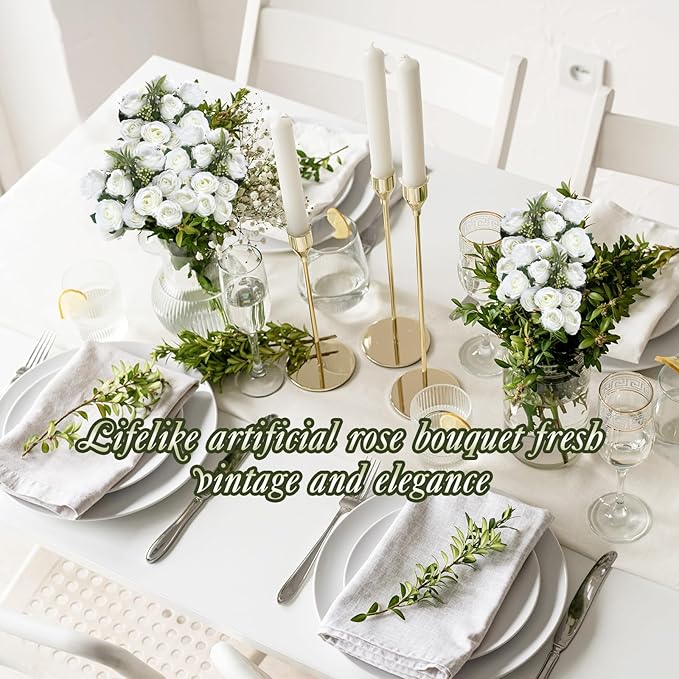 Zeyune 16 Bunches 12 Inch Artificial Mini Rose Bouquet 160 Heads Bridal Flower Bouquets Fake Silk Rose Bulk for Wedding Bridal Shower Christmas Home Office Garden Decoration(White)