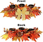 Fall Candle Holder Centerpiece with Maple Leaves, Pinecones, Berries & Burlap Bow,Thanksgiving Table Centerpiece Decoration for Dining Table, Mantel & Autumn Harvest Home Décor