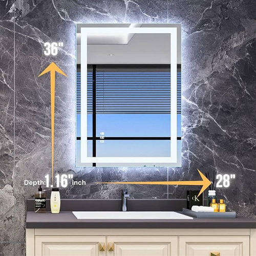 28" x 36" LED Mirror, Front & Backlit, Stepless Dimmable, Anti-Fog, Shatter-Proof, Memory, 3 Color Smart Mirror (Horizontal/Vertical)