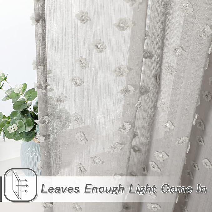 MYSKY HOME Grey Sheer Short Curtains with Pom Pom for Small Windows Bedroom Nursery Kids Girls Room Curtains Cafe Kitchen Light Filtering Boho Drapes, Rod Pocket,38 x 54 Inches, 2 Panels