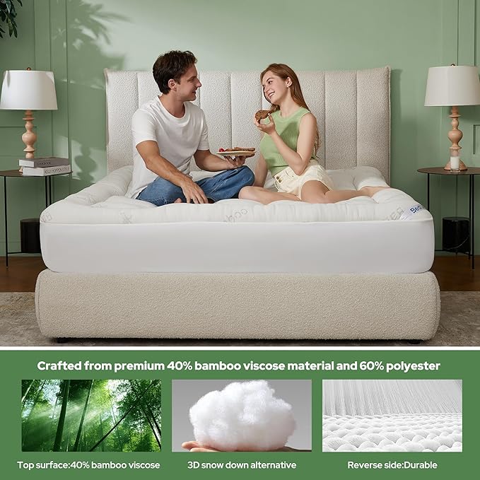 BEDLORE Full Size Mattress Topper Viscose Derived from Bamboo, Thick Pillow Top Mattress Pad with Stretchable Pockets for 6-15 inches Mattress, Breathable Mattress Topper for Back Pain Relief
