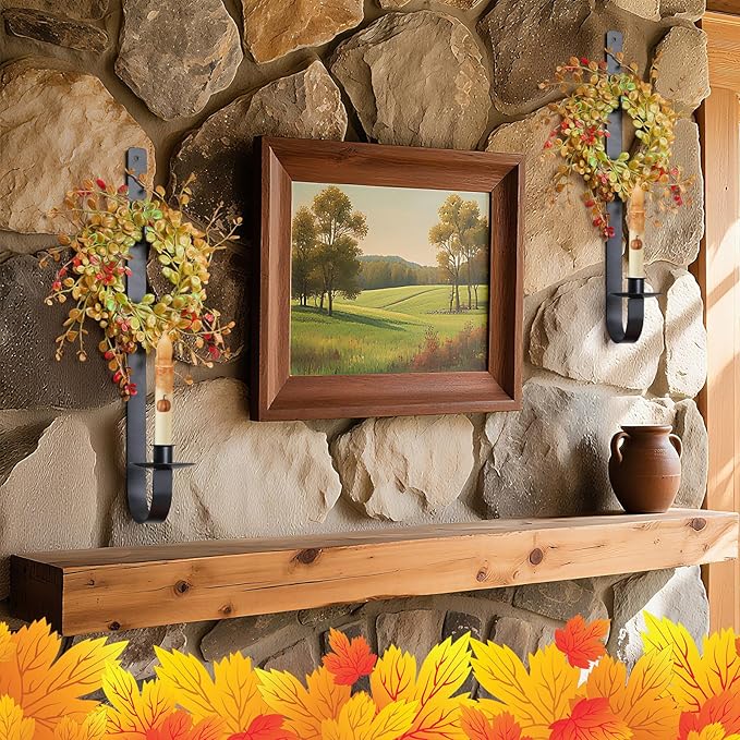 2 Set Rustic Wall Candle Sconces Holder Thanksgiving Fall Decor 18.5" Vintage Metal Wall Mount Candle Holder with Wreath for Farmhouse Living Room Indoor, Only Applicable to LED Candles