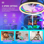 Ceiling Fans with Lights - Modern Flush Mount Ceiling Fan,16" RGB Dimmable LED Enclosed Ceiling Fans,Low Profile Bladeless LED-RGB Ambient Light for Bedroom Kids Room Party（Black）