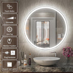 32 Inch Frameless Round Lighted Bathroom Mirror with Front & Backlit - 6000K Daylight, Dimmable, Anti-Fog, CRI 90+, 5mm HD LED Mirror
