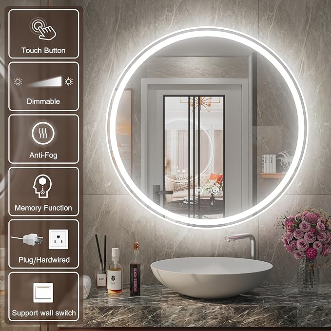 40 Inch Large Round Lighted Bathroom Mirror, Circle Vanity Mirror with Lights, Wall Mounted, Dimmable, Memory, Anti-Fog, 6000K