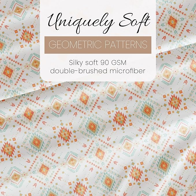 Linen Market Double-Brushed Patterned Microfiber California King Sheet Set 4 Piece – Oeko-TEX Certified Ultra Soft & Wrinkle-Free - 16" Deep Pocket Sheets Easy Care Cal-King Size - Aztec Dreams Coral
