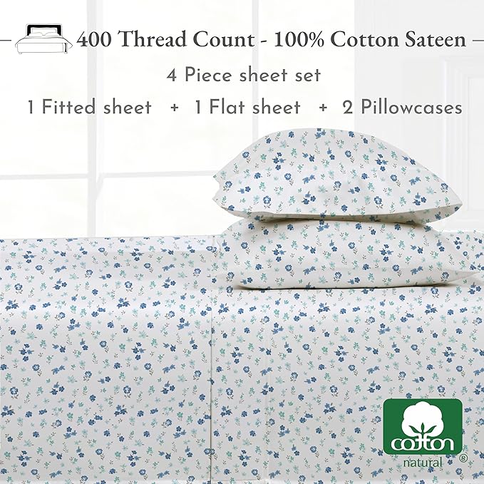California Design Den Full Size Bed Sheets Set - 400 Thread Count Sateen, Natural 100% Cotton Sheets, Deep Pocket Cooling and Durable Bedding - Blooming Meadows