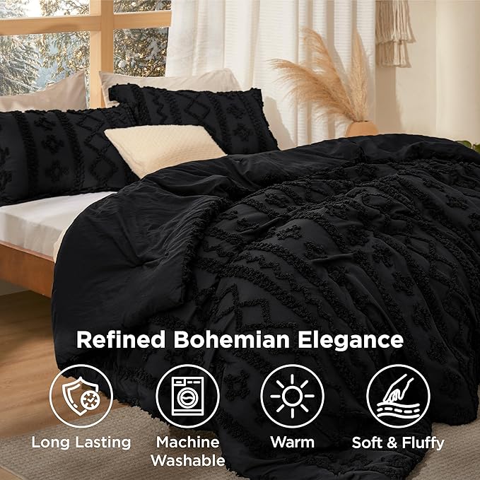 Bedsure Tufted Boho Comforter Set California King - Black Boho Bed Set, GentleSoft™ 3 Pieces Farmhouse Shabby Chic Embroidery Bedding, Gifts for Woman, Soft Jacquard Comforter for All Seasons
