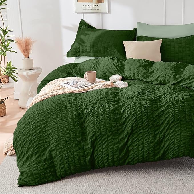 HYMOKEGE Dark Green/Sage Green Twin Comforter Set Seersucker 5 Pieces, All Season Luxury Bed in a Bag for Bedroom, Bedding Set with Comforter, Sheets, Pillowcase & Sham