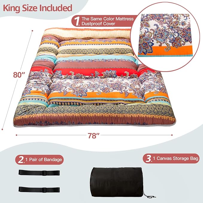 MAXYOYO Bohemian Retro Floor Mattress Vintage Floral Japanese Futon Mattress Roll Up Thicken Sleeping Bed Portable Camping Mattress Floor Lounger Couch Bed Mattress Pad, King Size