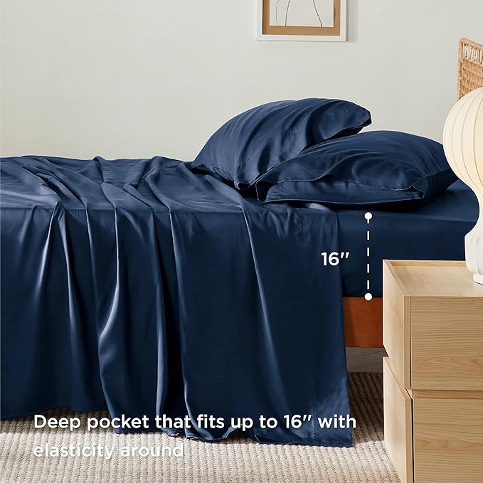 Bedsure Full Size Bed Sheets, Cooling Sheets, Rayon Derived from Bamboo, Breathable & Soft, Deep Pocket Up to 16 Inches, Hotel Luxury Silky Bedding for Hot Sleepers, Navy