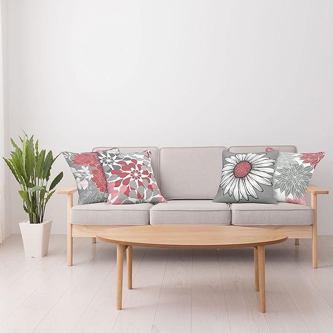 Ambesonne Floral Throw Pillow Cushion Case Pack of 4, Flower Petals Modern Color Palette Chamomile Peony Dahlia and Sunflower Print, Modern Accent Double-Sided Digital Printing, 18", Dark Coral Grey