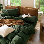 MooMee Bedding Duvet Cover Set 100% Washed Cotton Linen Like Textured Breathable Durable Soft Comfy (Solid Forest Green, Full 80"x90")