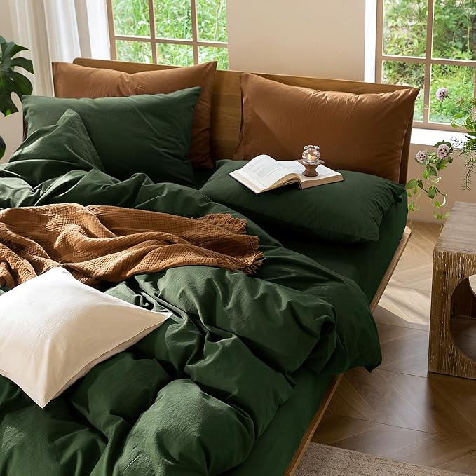 MooMee Bedding Duvet Cover Set 100% Washed Cotton Linen Like Textured Breathable Durable Soft Comfy (Solid Forest Green, Oversized King Plus 128"x120")