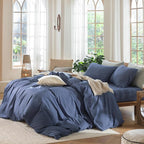 MooMee Bedding Duvet Cover Set 100% Washed Cotton Linen Like Textured Breathable Durable Soft Comfy (Heathered Blue, Cal King 104"x98")