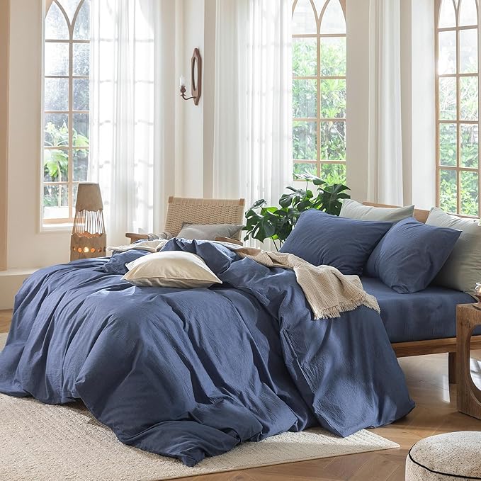 MooMee Bedding Duvet Cover Set 100% Washed Cotton Linen Like Textured Breathable Durable Soft Comfy (Heathered Blue, Palatial King/Oversized King 120"x98")
