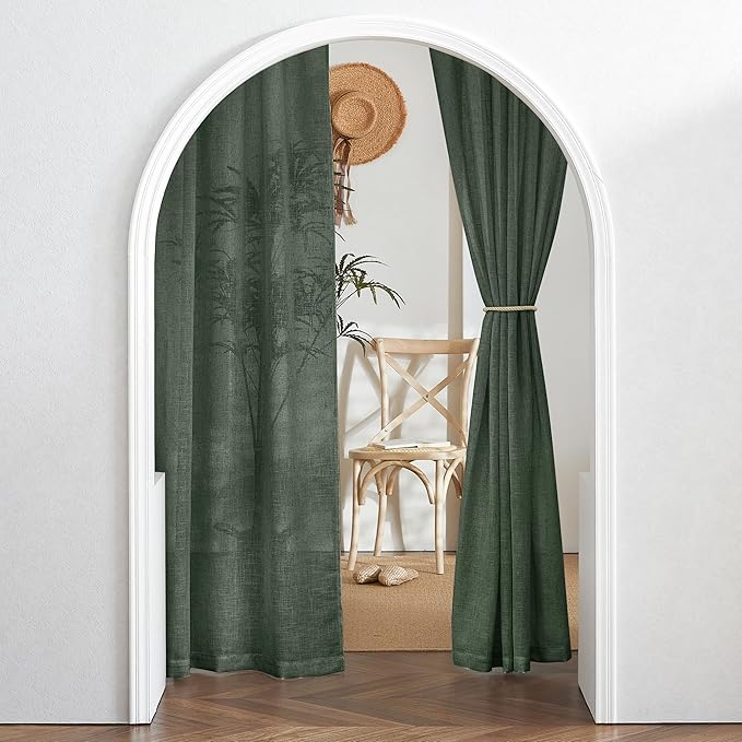 RYB HOME Semi Sheer Curtains 90 inches Long, Light Filtering Privacy Natural Farmhouse Linen Texture Drapes for Living Room Bedroom Dining Room, W 52 x L 90 inches, Hunter Green, 2 Panels