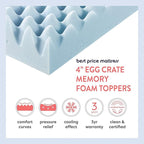 Best Price Mattress 4 Inch Egg Crate Memory Foam Mattress Topper with Cooling Gel Infusion, CertiPUR-US Certified, Dorm Essentials, Queen, Light Blue